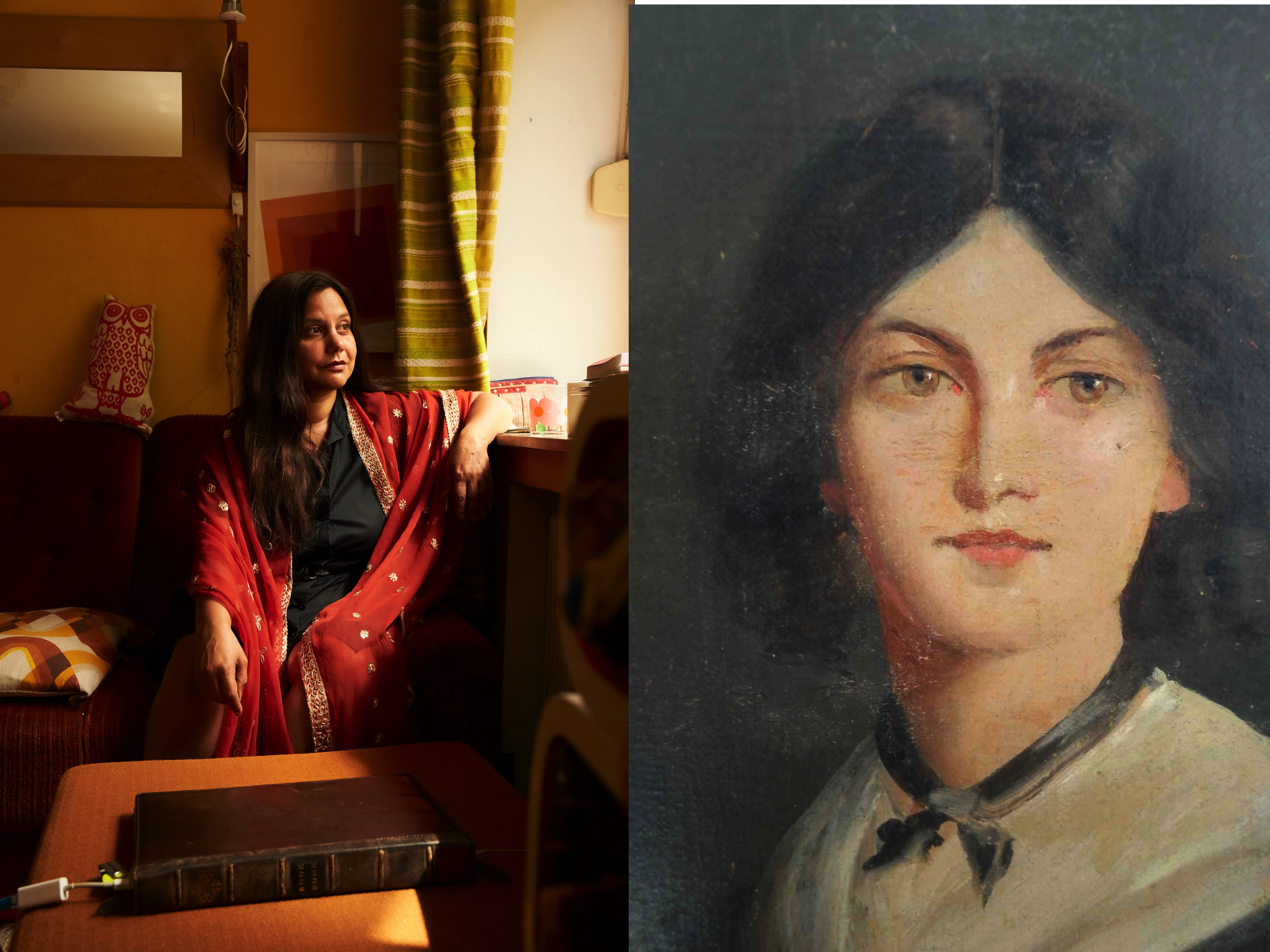 Links die Autorin Mithu Sanyal auf einem Sofa, rechts Porträtbild von Emily Bronte